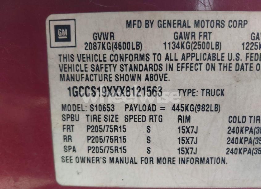 Photo 9 of 1999 Chevrolet S-10 LS (VIN 1GCCS19XXX8121563)