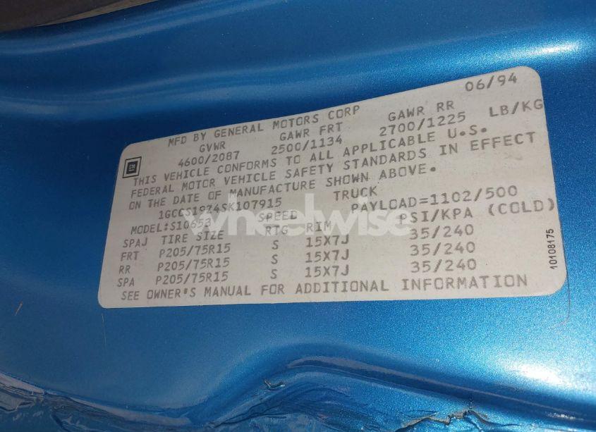 Photo 9 of 1995 Chevrolet S TRUCK S10 (VIN 1GCCS19Z4SK107915)