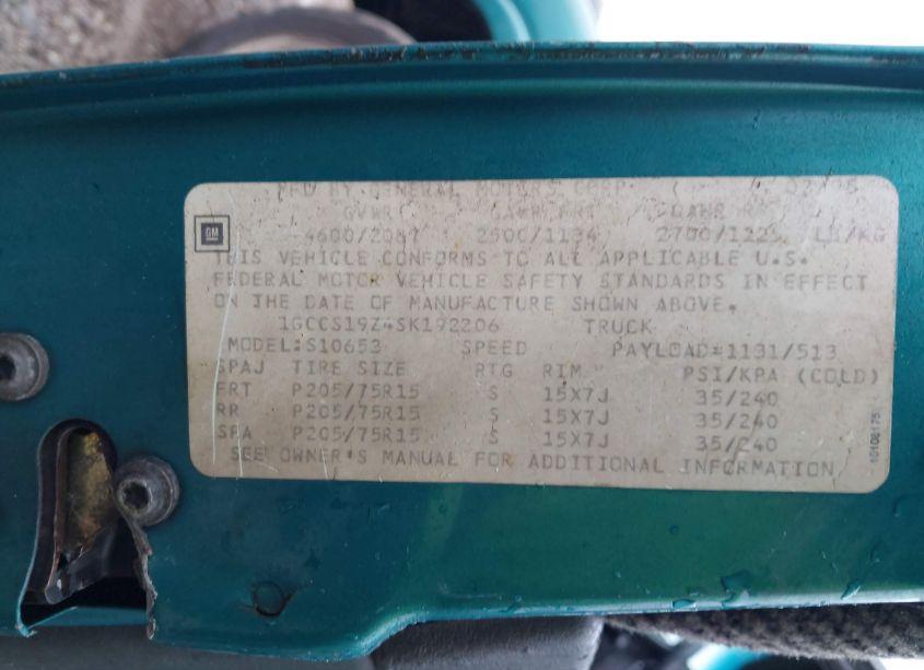 Photo 9 of 1995 Chevrolet S TRUCK S10 (VIN 1GCCS19Z4SK192206)