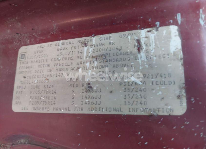 Photo 9 of 1992 Chevrolet S TRUCK S10 (VIN 1GCCS19Z6N2147983)