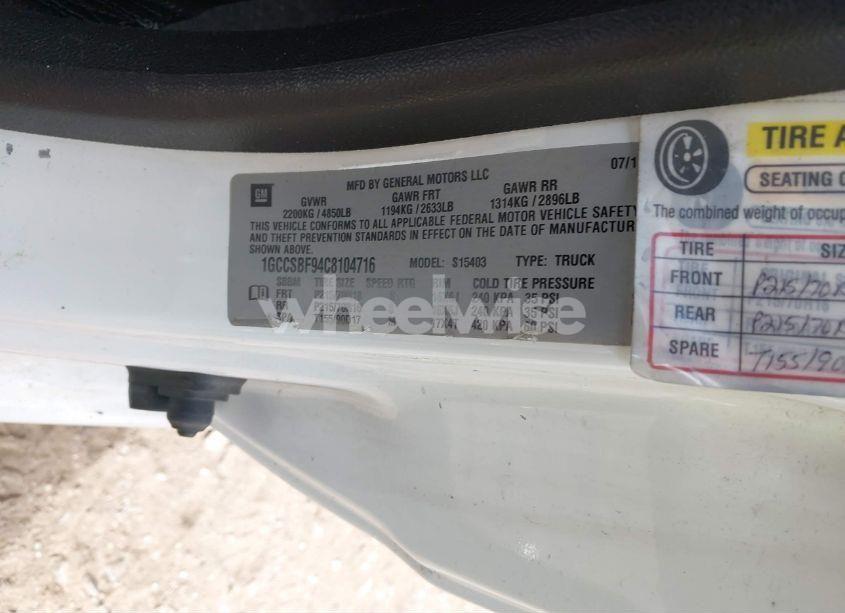 Photo 9 of 2012 Chevrolet Colorado WORK TRUCK (VIN 1GCCSBF94C8104716)