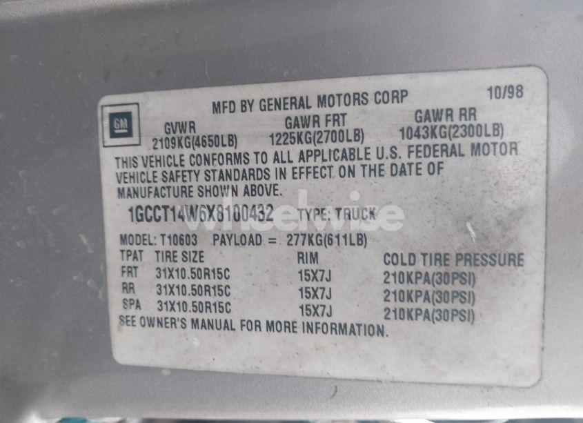Photo 9 of 1999 Chevrolet S-10 LS (VIN 1GCCT14W6X8100432)