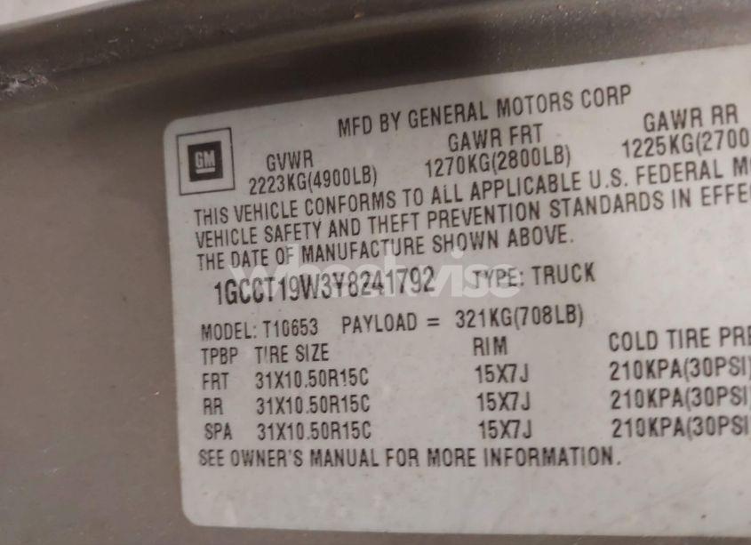 Photo 9 of 2000 Chevrolet S-10 LS (VIN 1GCCT19W3Y8241792)