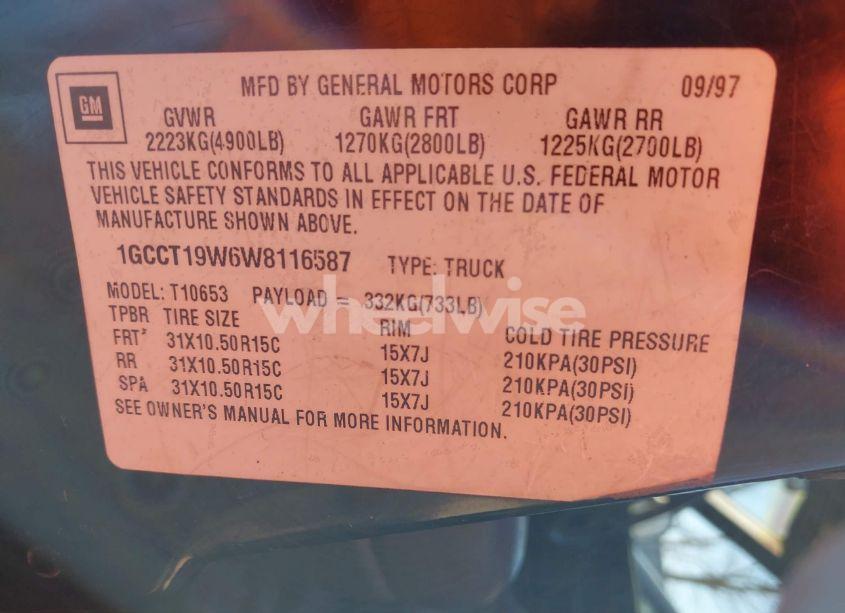 Photo 9 of 1998 Chevrolet S-10 LS (VIN 1GCCT19W6W8116587)