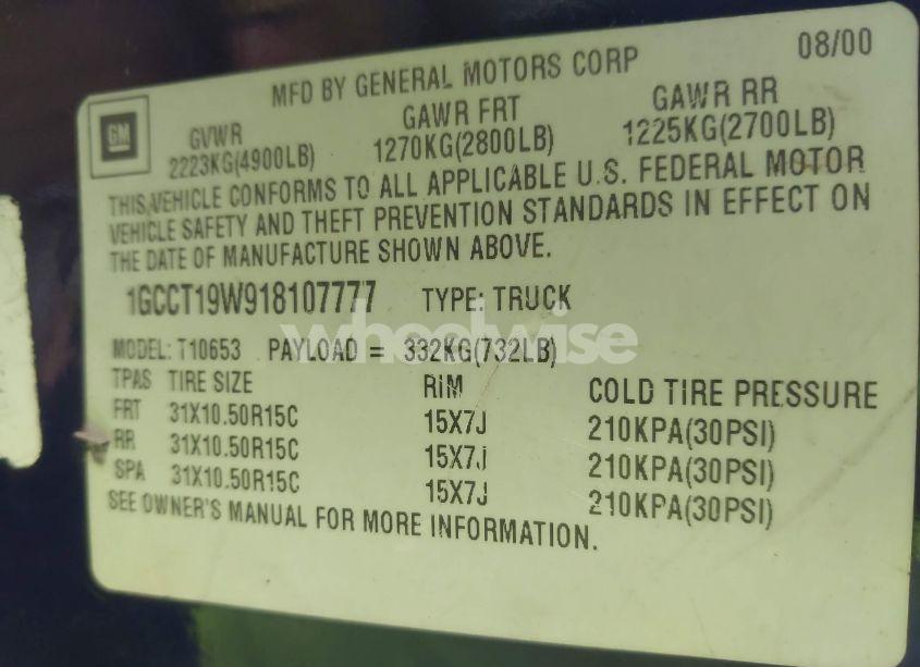 Photo 9 of 2001 Chevrolet S-10 LS (VIN 1GCCT19W918107777)
