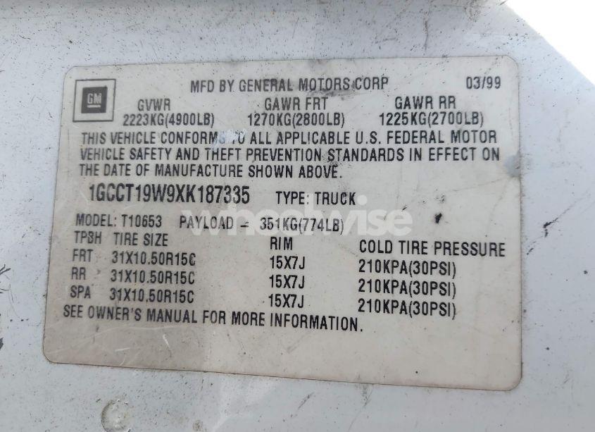 Photo 9 of 1999 Chevrolet S-10 LS (VIN 1GCCT19W9XK187335)