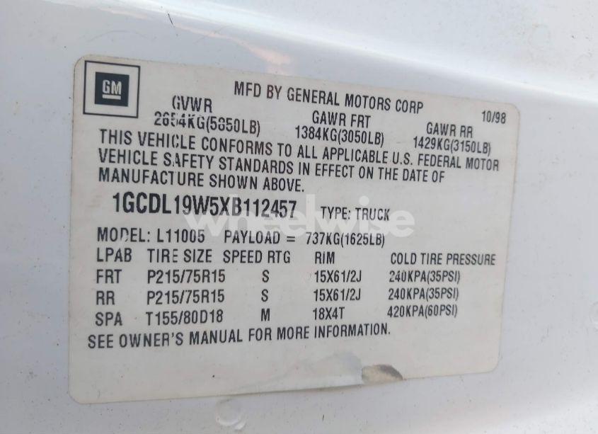 Photo 9 of 1999 Chevrolet Astro (VIN 1GCDL19W5XB112457)