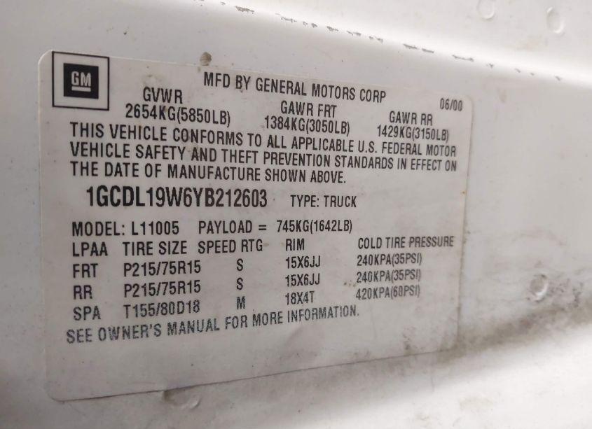 Photo 9 of 2000 Chevrolet Astro (VIN 1GCDL19W6YB212603)