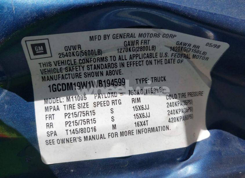 Photo 9 of 1998 Chevrolet Astro (VIN 1GCDM19W1WB194599)