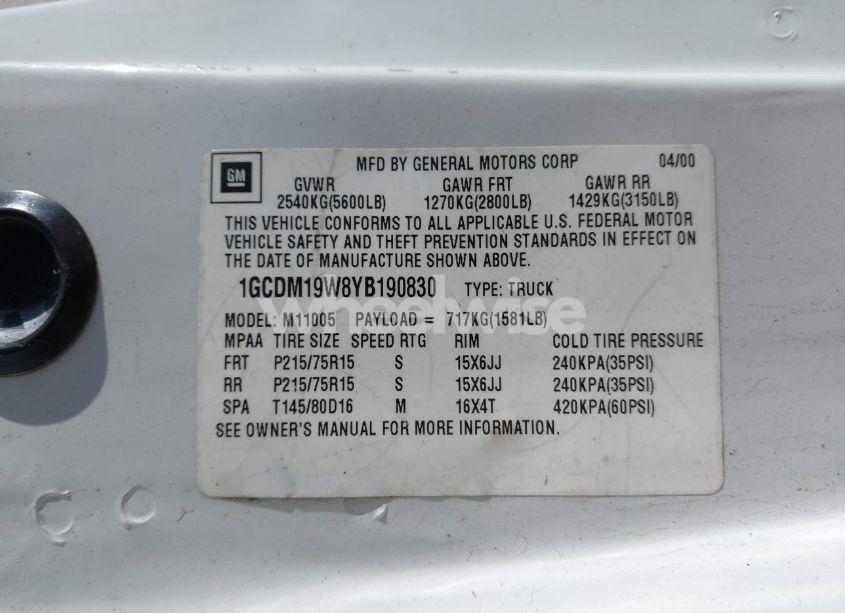 Photo 9 of 2000 Chevrolet Astro (VIN 1GCDM19W8YB190830)