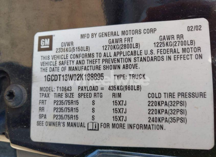 Photo 9 of 2002 Chevrolet S-10 LS (VIN 1GCDT13W02K188895)