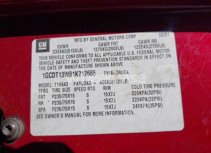 Photo 9 of 2001 Chevrolet S-10 LS (VIN 1GCDT13W81K212665)