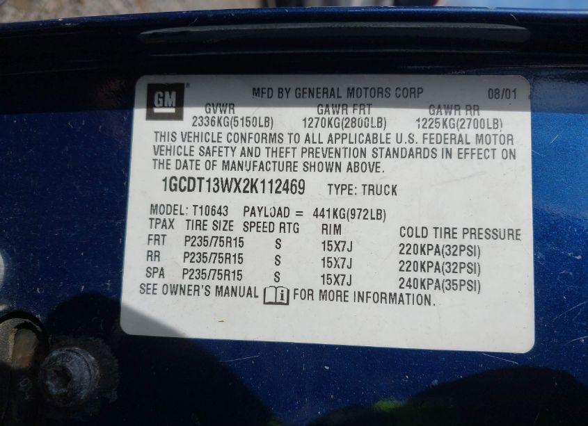 Photo 9 of 2002 Chevrolet S-10 LS (VIN 1GCDT13WX2K112469)