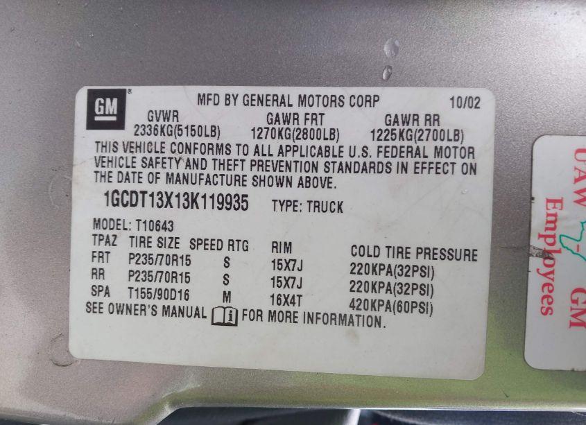 Photo 9 of 2003 Chevrolet S-10 LS (VIN 1GCDT13X13K119935)