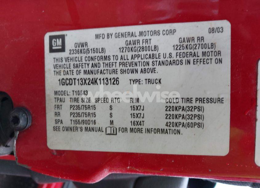 Photo 9 of 2004 Chevrolet S-10 LS (VIN 1GCDT13X24K113126)