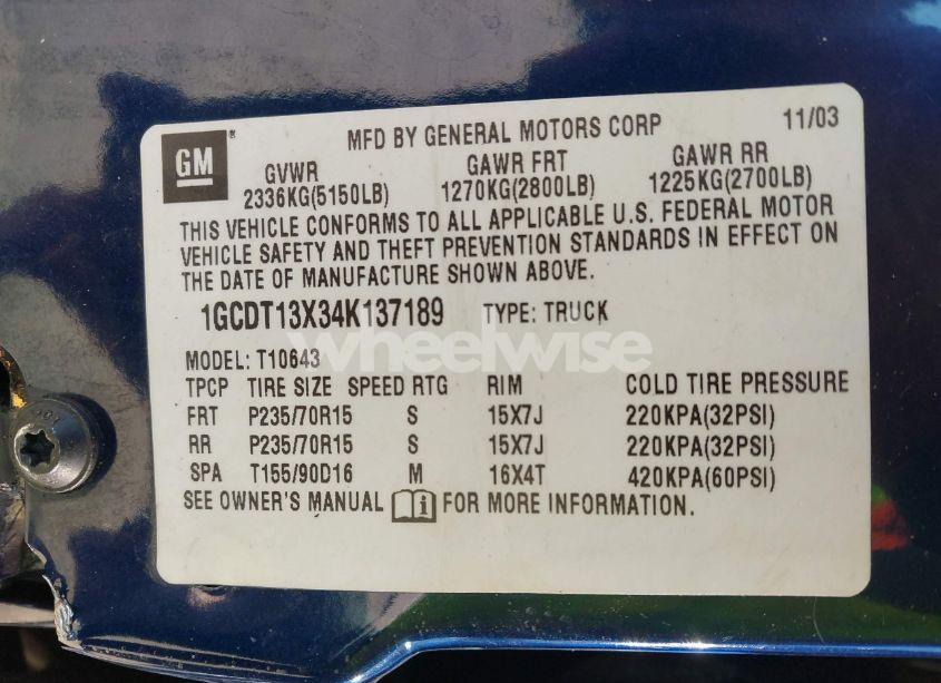 Photo 9 of 2004 Chevrolet S-10 LS (VIN 1GCDT13X34K137189)