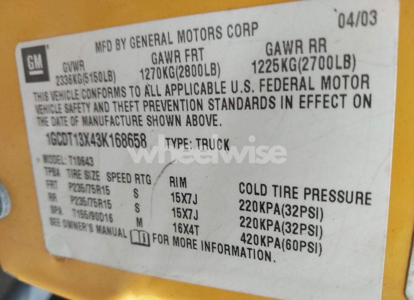 Photo 9 of 2003 Chevrolet S-10 LS (VIN 1GCDT13X43K168658)