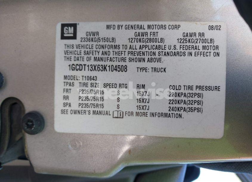 Photo 9 of 2003 Chevrolet S-10 LS (VIN 1GCDT13X63K104508)