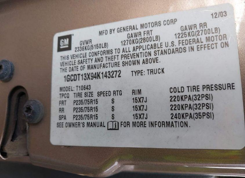 Photo 9 of 2004 Chevrolet S-10 LS (VIN 1GCDT13X64K141690)