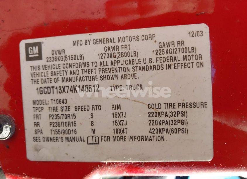 Photo 9 of 2004 Chevrolet S-10 LS (VIN 1GCDT13X74K146512)