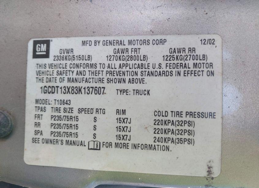 Photo 9 of 2003 Chevrolet S-10 LS (VIN 1GCDT13X83K137607)