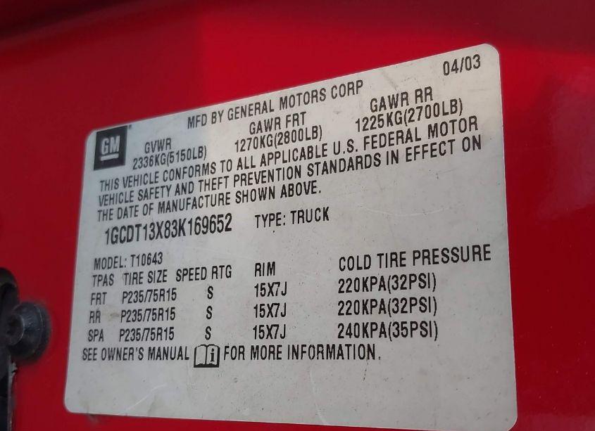 Photo 9 of 2003 Chevrolet S-10 LS (VIN 1GCDT13X83K169652)