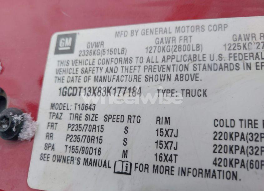 Photo 9 of 2003 Chevrolet S-10 LS (VIN 1GCDT13X83K177184)