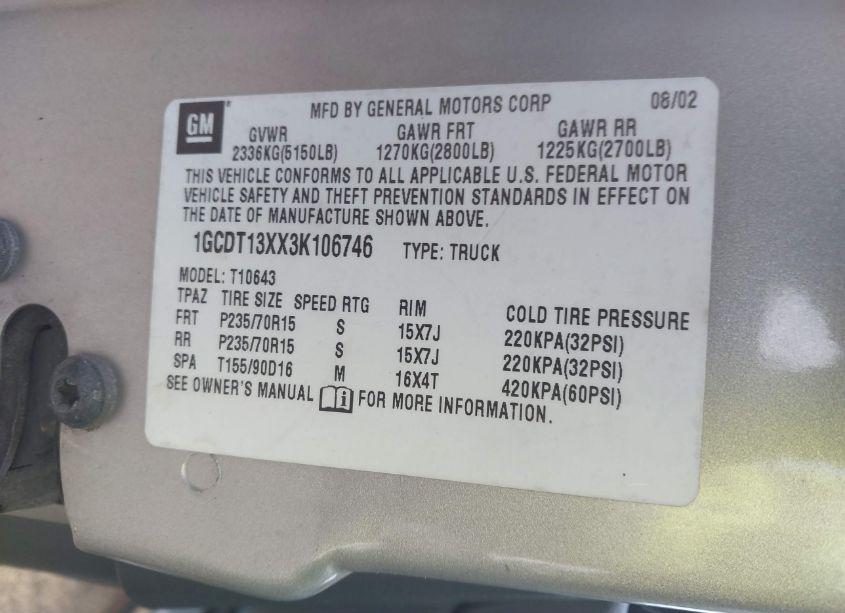 Photo 9 of 2003 Chevrolet S-10 LS (VIN 1GCDT13XX3K106746)