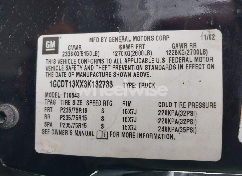 Photo 9 of 2003 Chevrolet S-10 LS (VIN 1GCDT13XX3K132733)