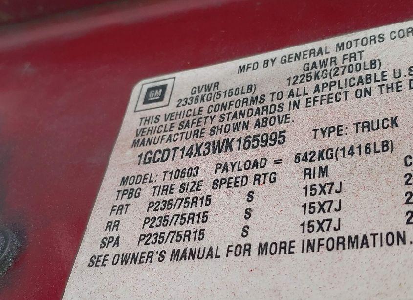 Photo 9 of 1998 Chevrolet S-10 LS (VIN 1GCDT14X3WK165995)