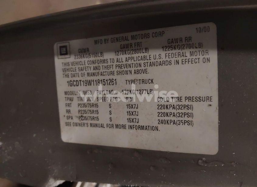 Photo 9 of 2001 Chevrolet S-10 LS (VIN 1GCDT19W118151261)