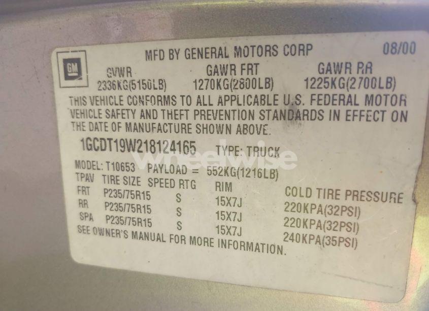 Photo 9 of 2001 Chevrolet S-10 LS (VIN 1GCDT19W218124165)