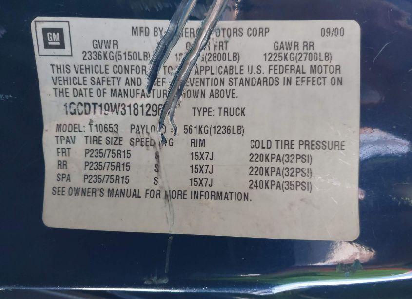 Photo 9 of 2001 Chevrolet S-10 LS (VIN 1GCDT19W318129648)