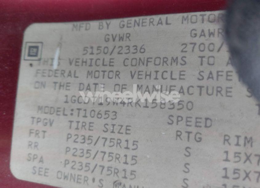 Photo 9 of 1994 Chevrolet S TRUCK S10 (VIN 1GCDT19W4RK158350)