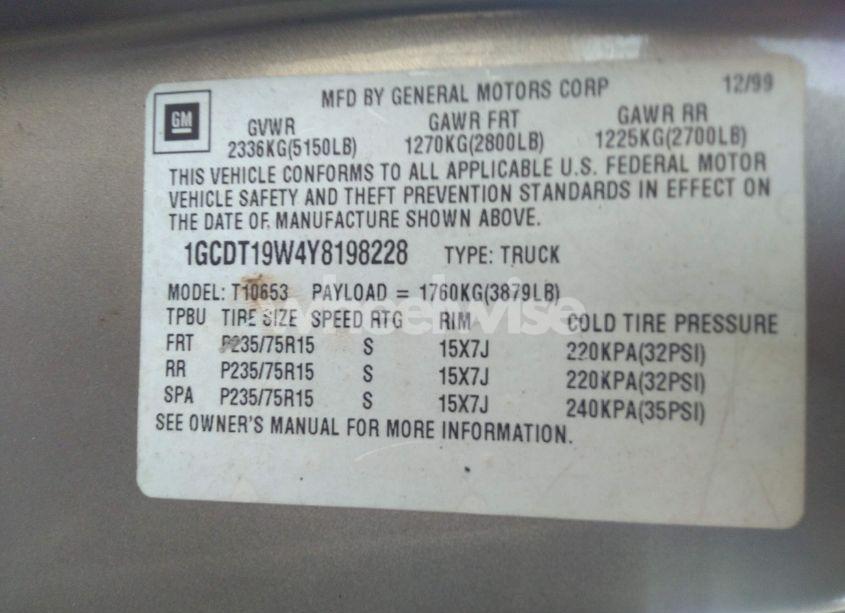 Photo 9 of 2000 Chevrolet S-10 LS (VIN 1GCDT19W4Y8198228)