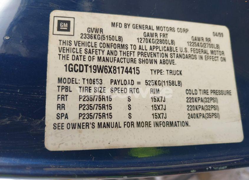 Photo 9 of 1999 Chevrolet S-10 LS (VIN 1GCDT19W6X8174415)