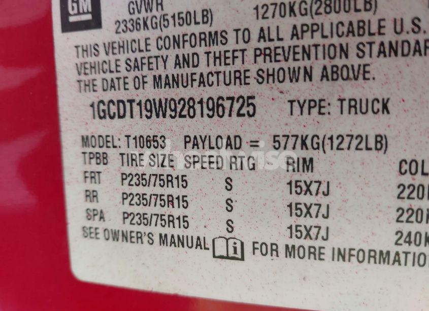 Photo 9 of 2002 Chevrolet S-10 LS (VIN 1GCDT19W928196725)