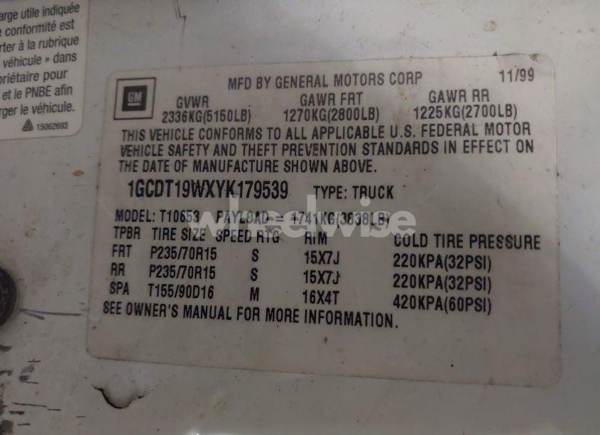 Photo 9 of 2000 Chevrolet S-10 LS (VIN 1GCDT19WXYK179539)