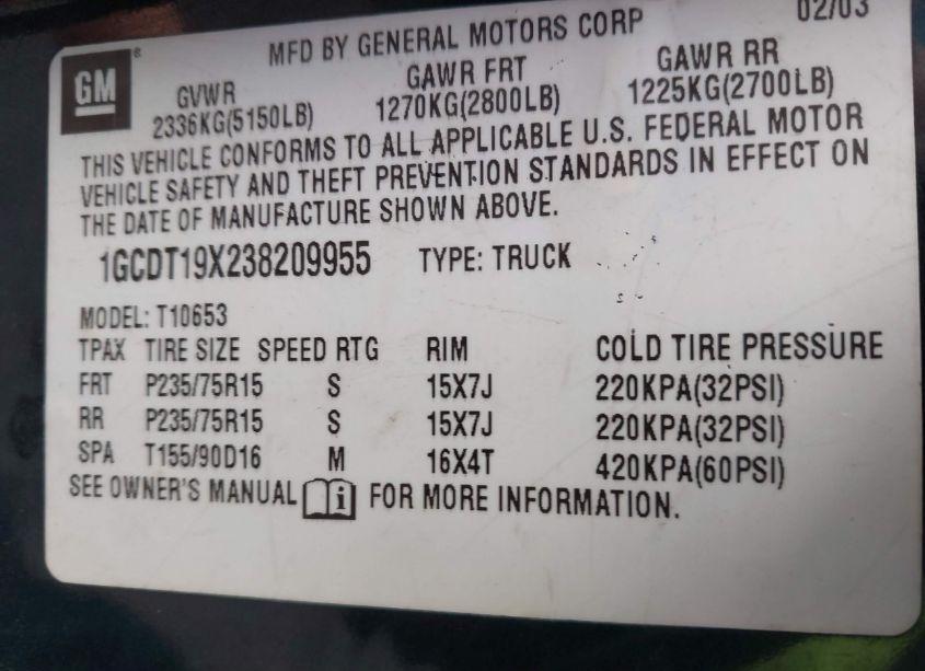 Photo 9 of 2003 Chevrolet S-10 LS (VIN 1GCDT19X238209955)