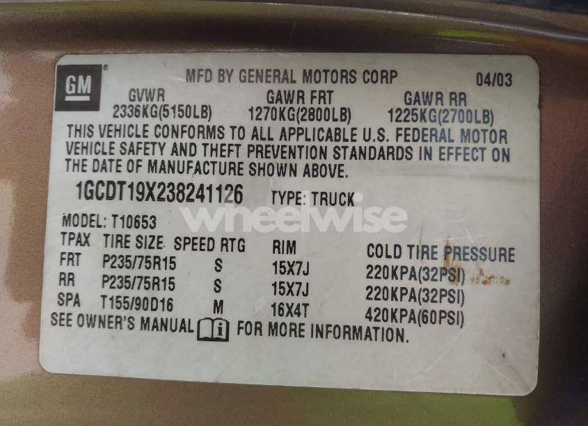 Photo 9 of 2003 Chevrolet S-10 LS (VIN 1GCDT19X238241126)