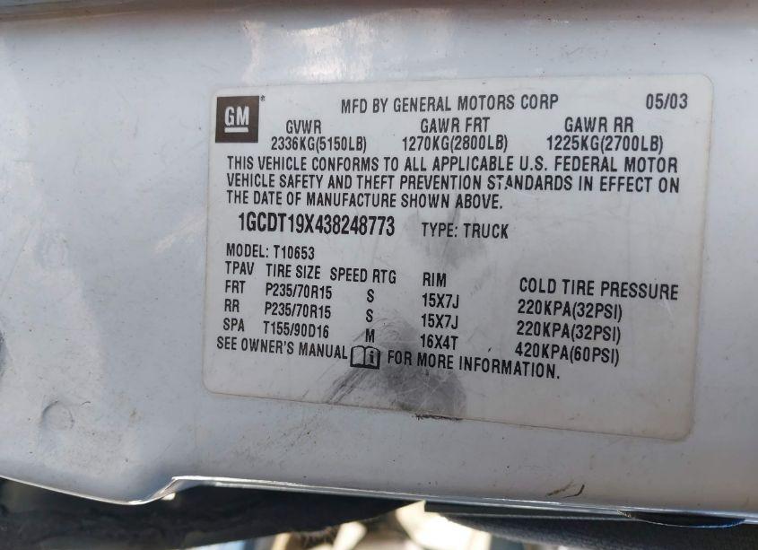 Photo 9 of 2003 Chevrolet S-10 LS (VIN 1GCDT19X438248773)