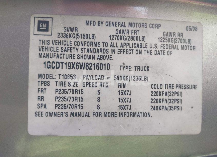 Photo 9 of 1998 Chevrolet S-10 LS (VIN 1GCDT19X6W8216010)