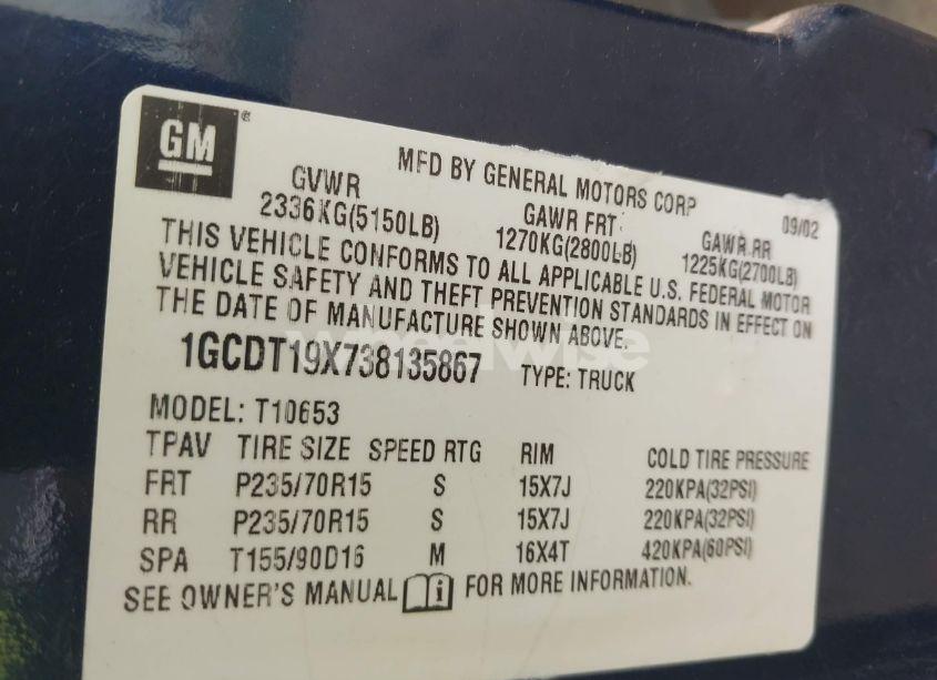 Photo 9 of 2003 Chevrolet S-10 LS (VIN 1GCDT19X738135867)