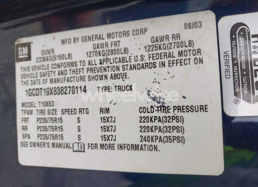 Photo 9 of 2003 Chevrolet S-10 LS (VIN 1GCDT19X838270114)