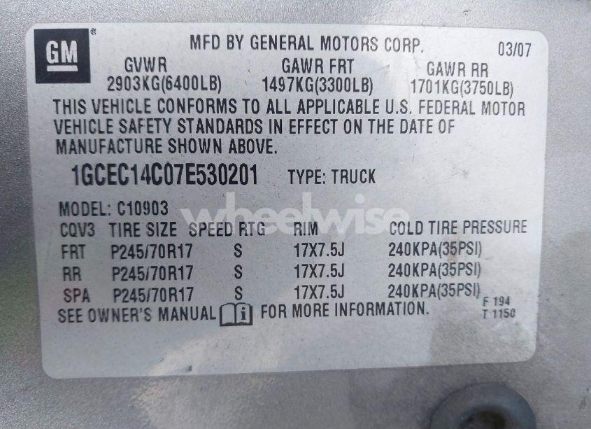 Photo 9 of 2007 Chevrolet Silverado 1500 WORK TRUCK (VIN 1GCEC14C07E530201)