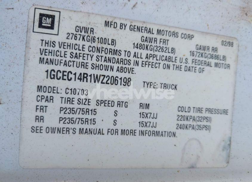 Photo 9 of 1998 Chevrolet C1500 FLEETSIDE (VIN 1GCEC14R1WZ206198)