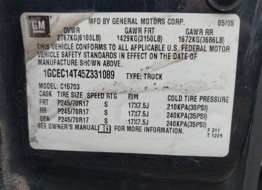 Photo 9 of 2005 Chevrolet Silverado 1500 LS (VIN 1GCEC14T45Z331089)