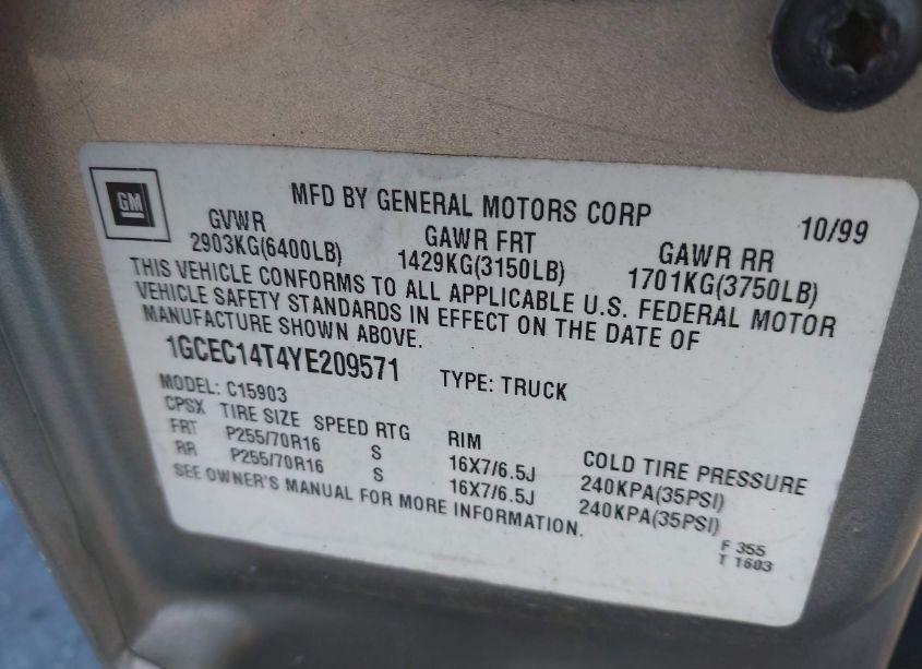 Photo 9 of 2000 Chevrolet Silverado 1500 LS (VIN 1GCEC14T4YE209571)