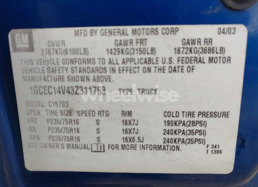 Photo 9 of 2003 Chevrolet Silverado 1500 LS (VIN 1GCEC14V43Z311763)