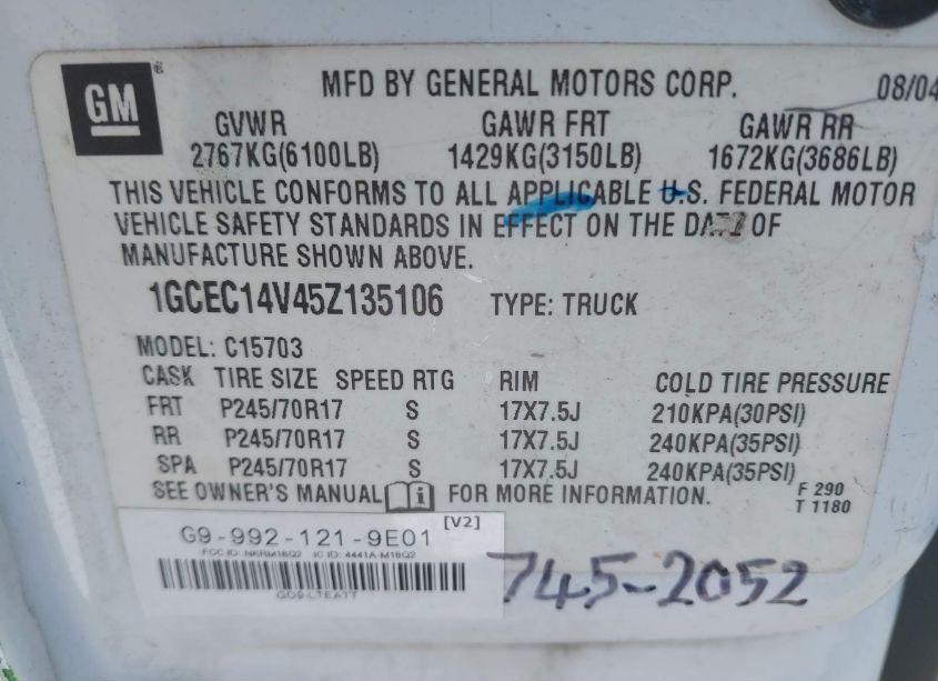 Photo 9 of 2005 Chevrolet Silverado 1500 WORK TRUCK (VIN 1GCEC14V45Z135106)